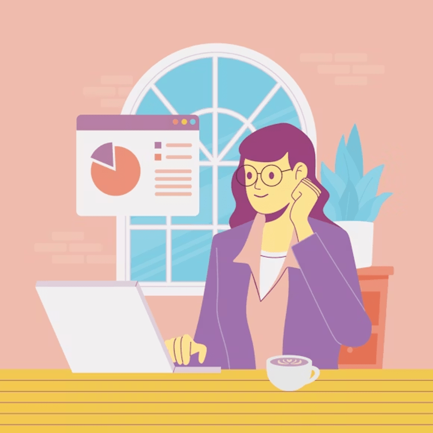 Illustration d'une femme dirigeante sereine qui analyse des graphiques de croissance sur son ordinateur.